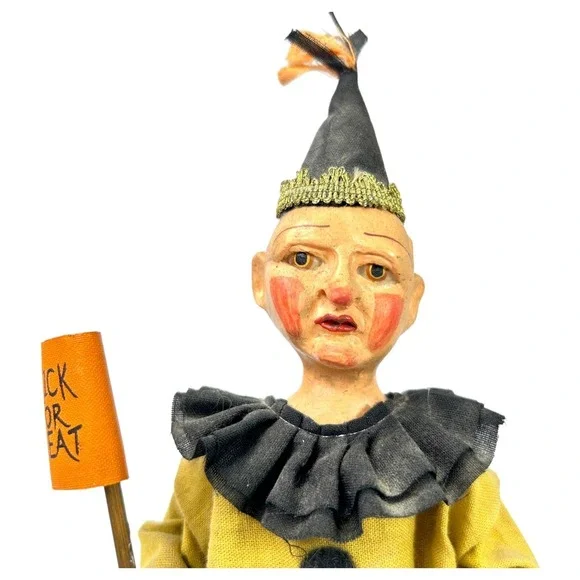 Bethany Lowe Halloween Jester Clown on Sheep w/ Trick Treat Flag Jack o Lantern - Picture 6 of 13